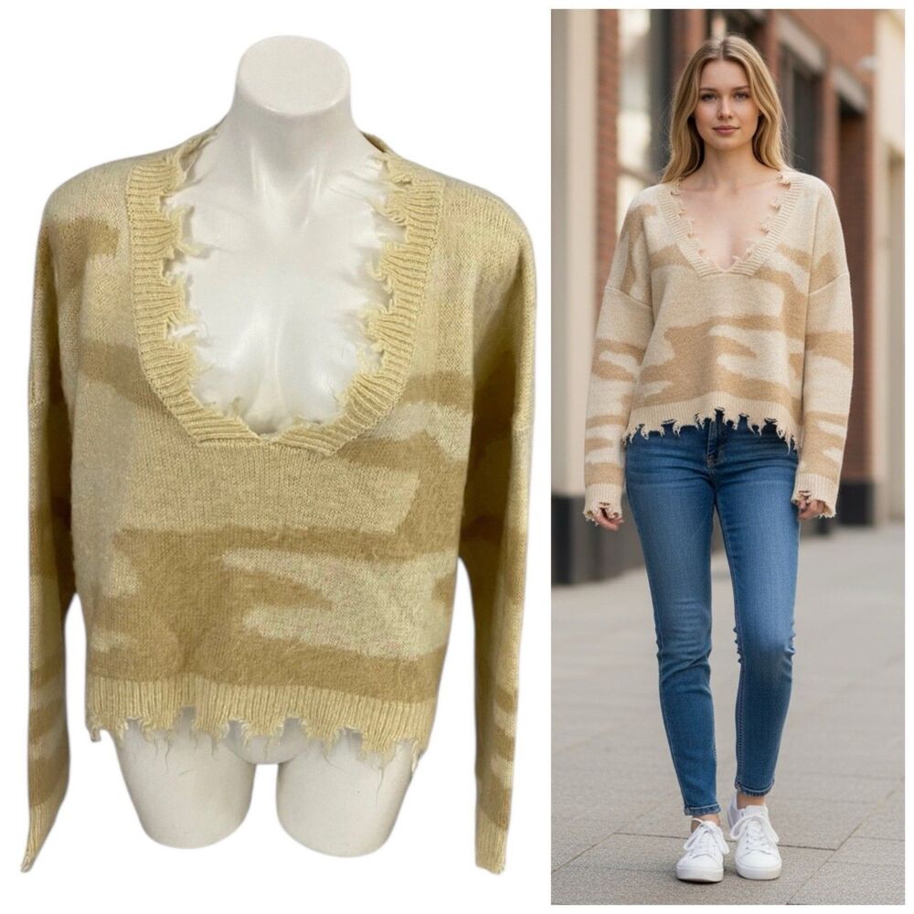 Storia Sweater Womens Medium Chunky Distressed V Neck Grunge Tan Work Office